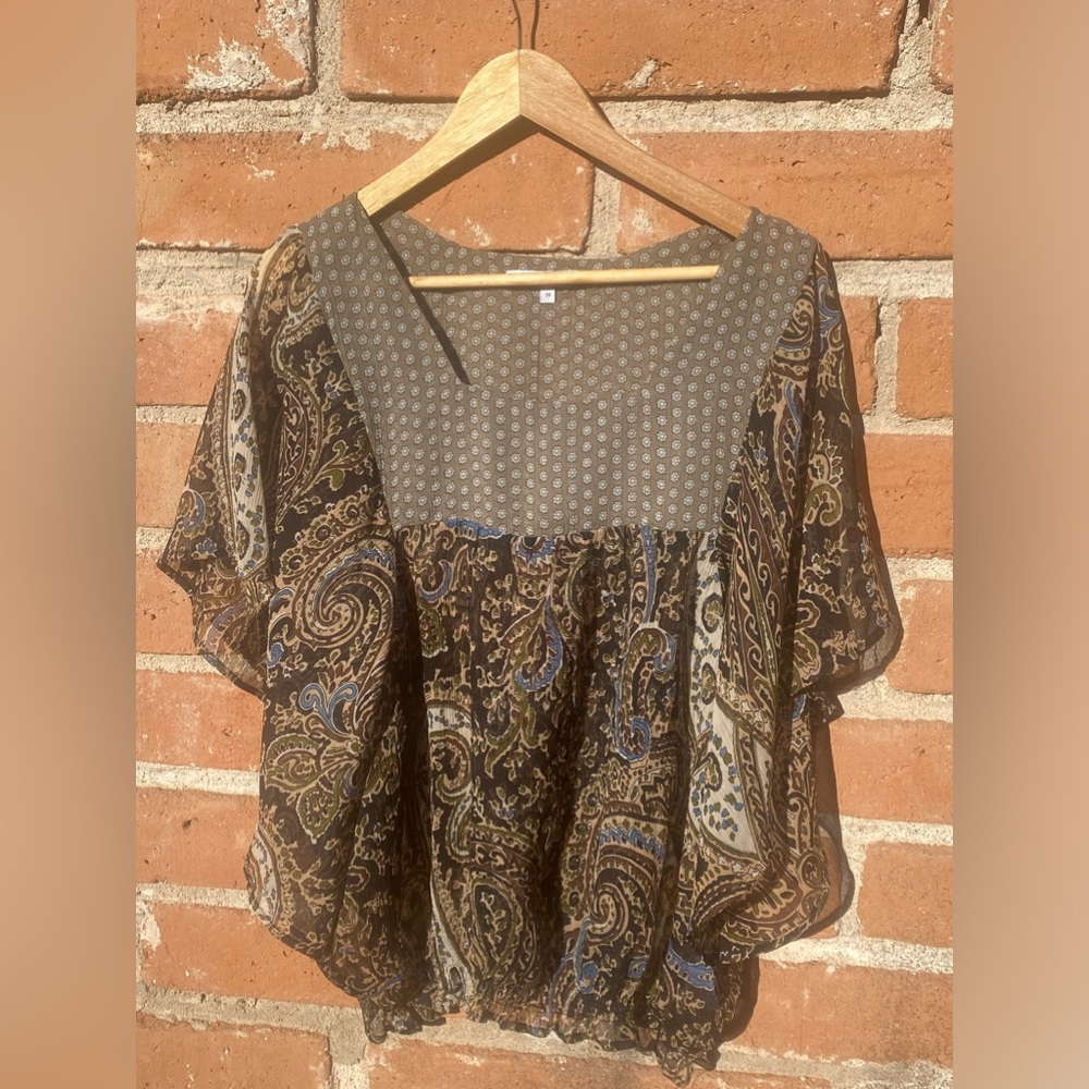 Vintage Boho Peasant Blouse – Flowy Sheer Paisley Poncho Top (Size 14, Neu Look)